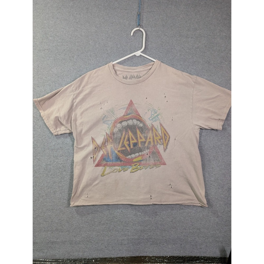 Def Leppard Love Bites Distressed Cropped Band T-Shirt Women's M/L Grunge Retro